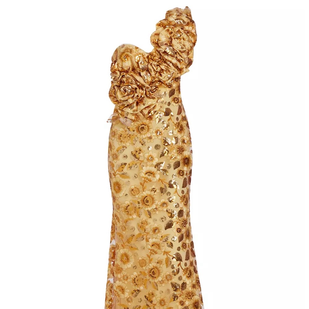 Badgley Mischka one shoulder gold gown